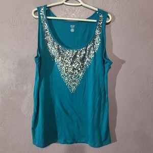 a.n.a A New Approach Women 1X Teal Blue Sequin Bib Scoop Neck Tank Top